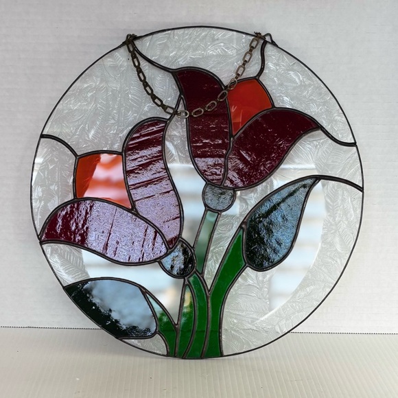 Vintage Tulip Flowers Stained Glass Hanging Panel Art with Chain 11x11 - Picture 2 of 4